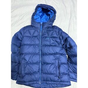 LL Bean Kids Down Puffer Jacket Navy Blue Sherpa Lined Hood Size L 14-16 505067‎